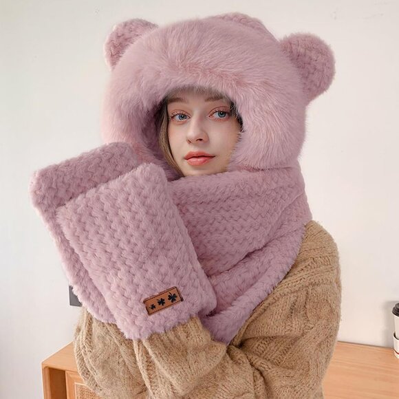 Women's Pink Winter Cute Bear Ear Hat Scarf 3 In 1 Faux Fur Gloves Set - Picture 2 of 9